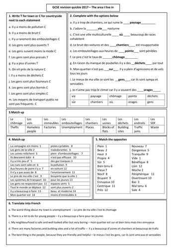 New GCSE French revision quickie (Feb 2017) - The area I live in (with answer key)