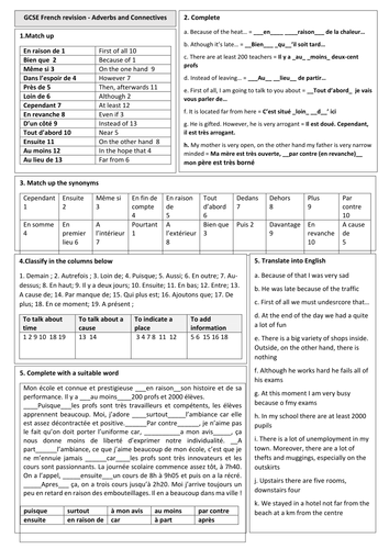 GCSEFrench revision quickie (HIGHER) - Connective and adverbs (WITH SOLUTION)