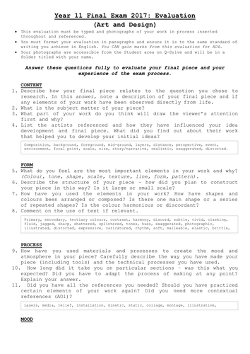 Art and Design Evaluation Sheet