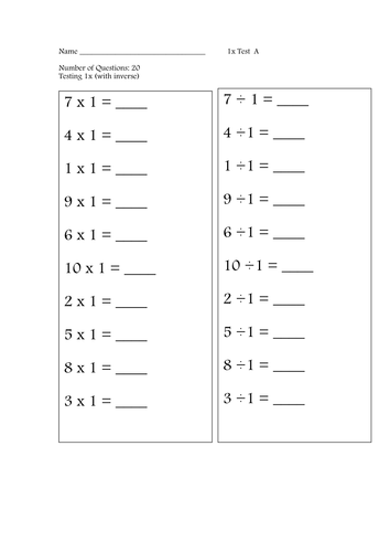 1,2 and 5 times tables tests, including division and fractions.