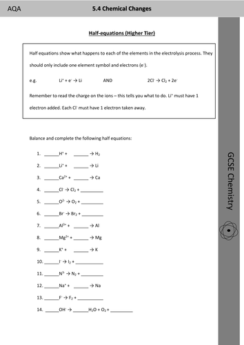 AQA GCSE Chemistry Trilogy Electrolysis Predicting Products and Half-equations worksheets