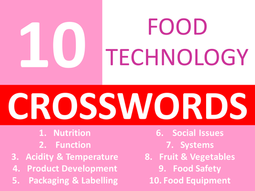 10 Food Technology Crosswords KS3 GCSE Keyword Starters Crossword Cover Lesson Homework