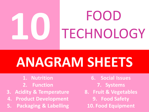 10 Food Technology Anagram Sheets KS3 GCSE Keyword Starters Wordsearch Cover Lesson Homework