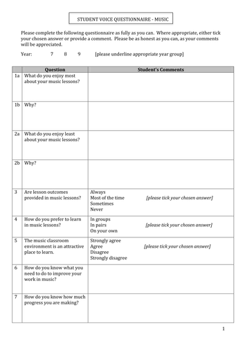 STUDENT VOICE QUESTIONNAIRE FOR MUSIC LESSONS