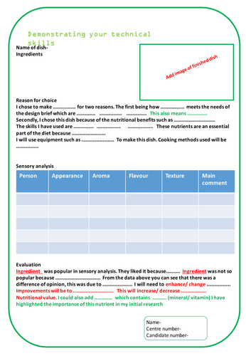 Food Preparation and Nutrition GCSE NEA task 2 Chosen dishes writing frame and written example.