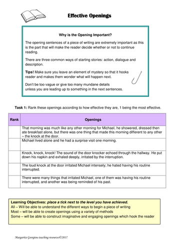 Openings, settings and titles in descriptive and creative writing
