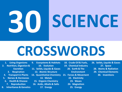 30 x Starter Crosswords Science Chemistry Physics & Biology KS3 GCSE Cover Plenary Homework Filler