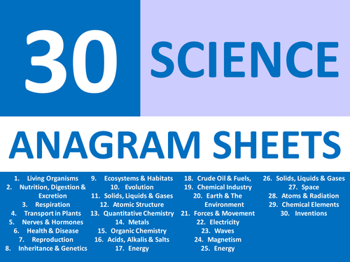 30 x Starter Anagram Sheets Science Chemistry Physics & Biology KS3 GCSE Cover Plenary Homework