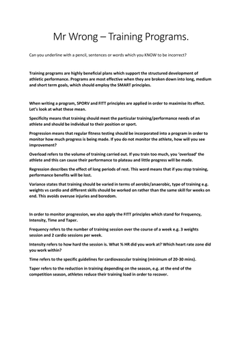 Mr Wrong Lesson starter and plenary for SPOR/FITT training principles (OCR GCSE 2016 spec)