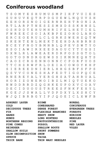 Coniferous woodland Word Search