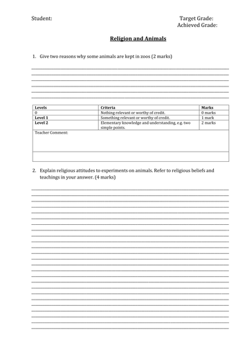 Religion and Animal Rights Assessment/Exam AQA RS B