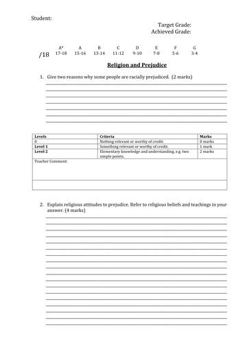 Religion and Prejudice Assessment/Exam for GCSE Religious Studies
