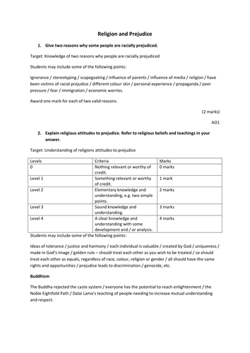Religion and Prejudice Assessment Mark Scheme for GCSE Religious Studies AQA RS B