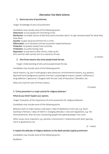 Crime and Punishment Assessment/Test and mark scheme AQA RS B