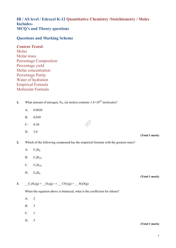 IB / AS level / Edexcel K-12 Quantitative Chemistry /Stoichiometry / Moles