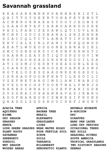 Savannah grassland Word Search