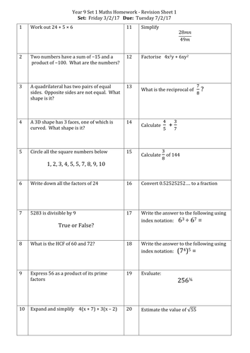 Maths Revision Worksheets For Year 8