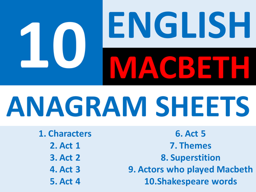 10 Anagram Sheets  Macbeth Shakespeare English Keyword Starters Anagram Homework or Cover Lesson