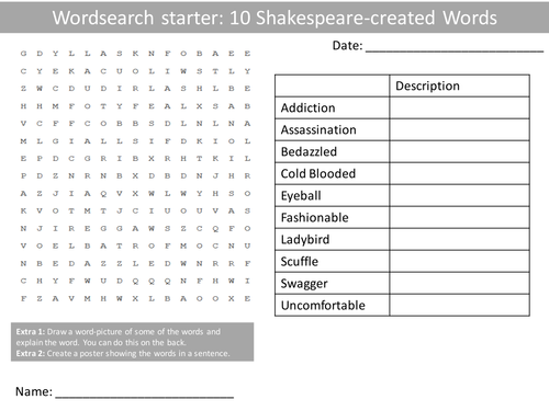 English Shakespeare Created Words KS3 GCSE Wordsearch Crossword Anagram Alphabet Keyword Starter Hwk