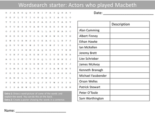 English Macbeth Actors Keywords KS3 GCSE Wordsearch Crossword Anagram Alphabet Keyword Starter Cover