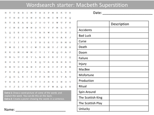 English Macbeth Superstition Keywords KS3 GCSE Wordsearch Crossword Anagram Alphabet Keyword Starter
