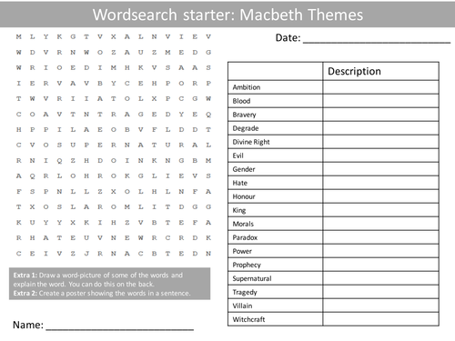 English Macbeth Themes Keywords KS3 GCSE Wordsearch Crossword Anagram Alphabet Keyword Starter Cover