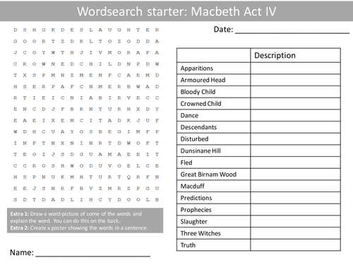 English Macbeth Act 4 Keywords KS3 GCSE Wordsearch Crossword Anagram Alphabet Keyword Starter Cover