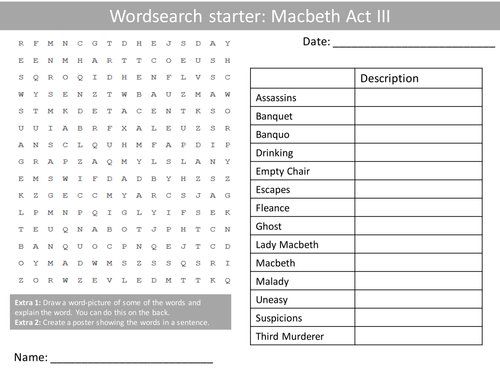 English Macbeth Act 3 Keywords KS3 GCSE Wordsearch Crossword Anagram Alphabet Keyword Starter Cover