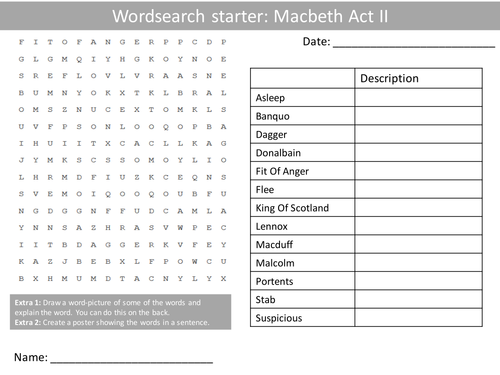 English Macbeth Act 2 Keywords KS3 GCSE Wordsearch Crossword Anagram Alphabet Keyword Starter Cover