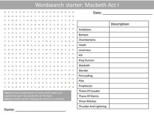English Macbeth Act 1 Keywords KS3 GCSE Wordsearch Crossword Anagram Alphabet Keyword Starter Cover