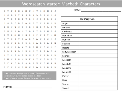 English Macbeth Characters Keywords KS3 GCSE Wordsearch Crossword Anagram Alphabet Starter Cover Hwk
