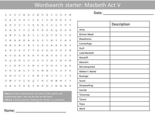 English Macbeth Act 1-5 Keywords KS3 GCSE Wordsearch Crossword Anagram Alphabet Starter Cover Lesson
