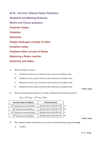 IB SL / AS level / Edexcel Redox Reactions  WS