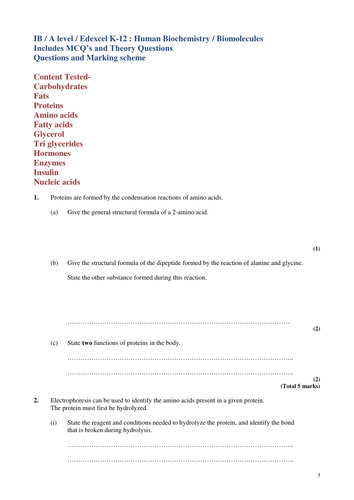 IB / A level / Edexcel K-12 : Human Biochemistry / Biomolecules