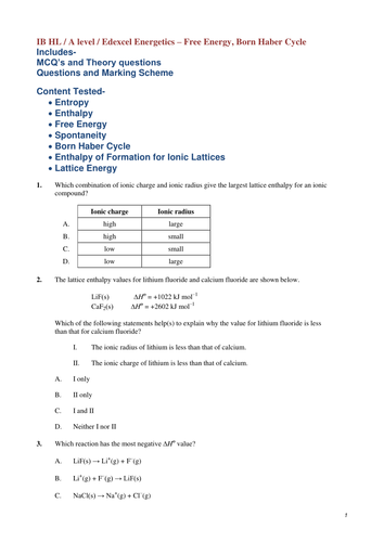 IB HL / A level / Edexcel Energetics – Free Energy, Born Haber Cycle