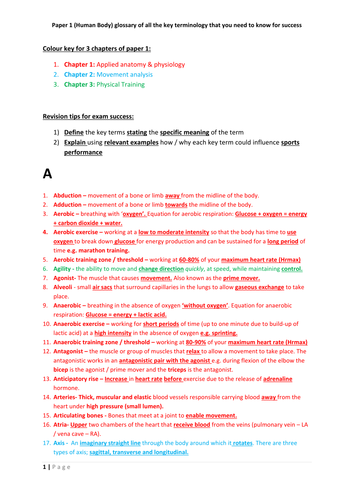 AQA GCSE PE - Colour coded glossary of key terminology: over 150 key terms!