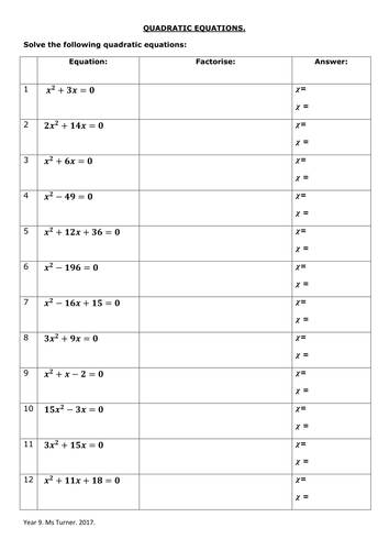 Quadratic equations worksheet. Designed to be solved by factorisation.