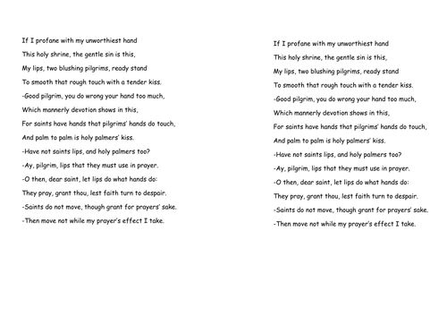 Romeo and Juliet - Sonnets in Act 1 scene 5 | Teaching Resources