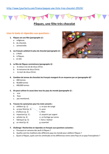 Pâques, une fête très chocolat: Easter Text, Worksheet, Questions, Video and Research Project