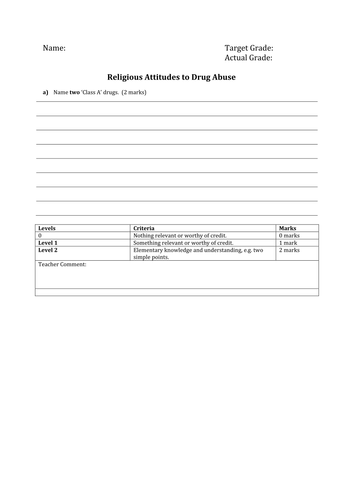 Religion and Drug Abuse Assessment/Test and Mark Scheme- Religious Studies GCSE AQA B
