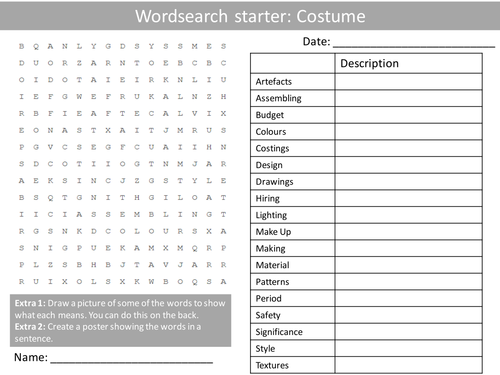 Drama Costume Wordsearch Crossword Anagrams Keyword Starters Homework Cover Plenary Lesson