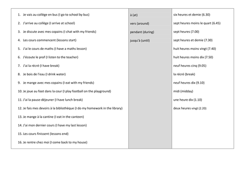 KS3 French - Sentence builder on schoolday + vocabulary consolidation + translation