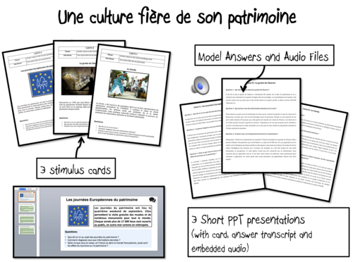 Le Patrimoine- Stimulus cards with model answers+ audio- AS FRENCH