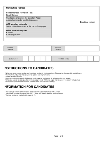 Computing Fundamentals Revision Short Revision Test and Mark Scheme