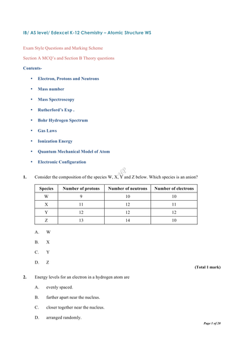 Atomic Structure Practice Sheet & Answers-IB/ AS level/ AP/ Edexcel K ...