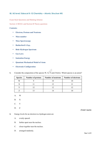 IB/ AS level/ Edexcel K-12 Chemistry – Atomic Structure Practice Sheet & Answers