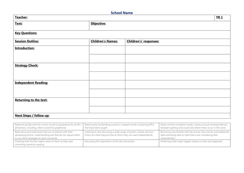 Guided Reading Planning / Responses Grid - Year 1 - With curriculum links