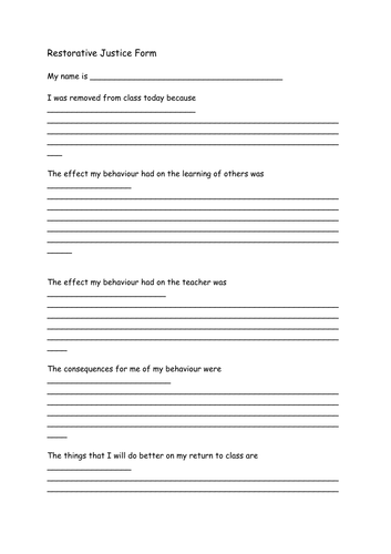 Restorative justice/discipline with dignity - form to facilitate students' evaluation of behaviour