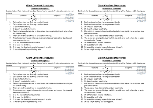 GCSE Chemistry Structure and Bonding Activity cards - Giant and Simple Covalent Bonding