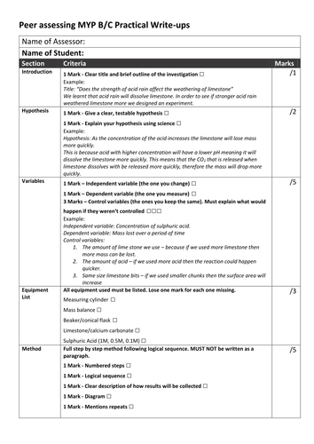 Peer Assessing Form for Science Practical or Experiment Write ups KS3/KS4